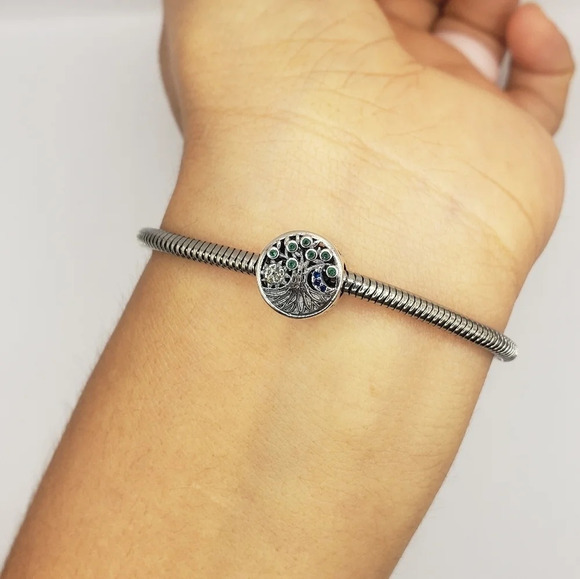 Family Tree Bracelet Charm Round 925 Sterling Silver Multicolor Zirconia Detail - Picture 2 of 5